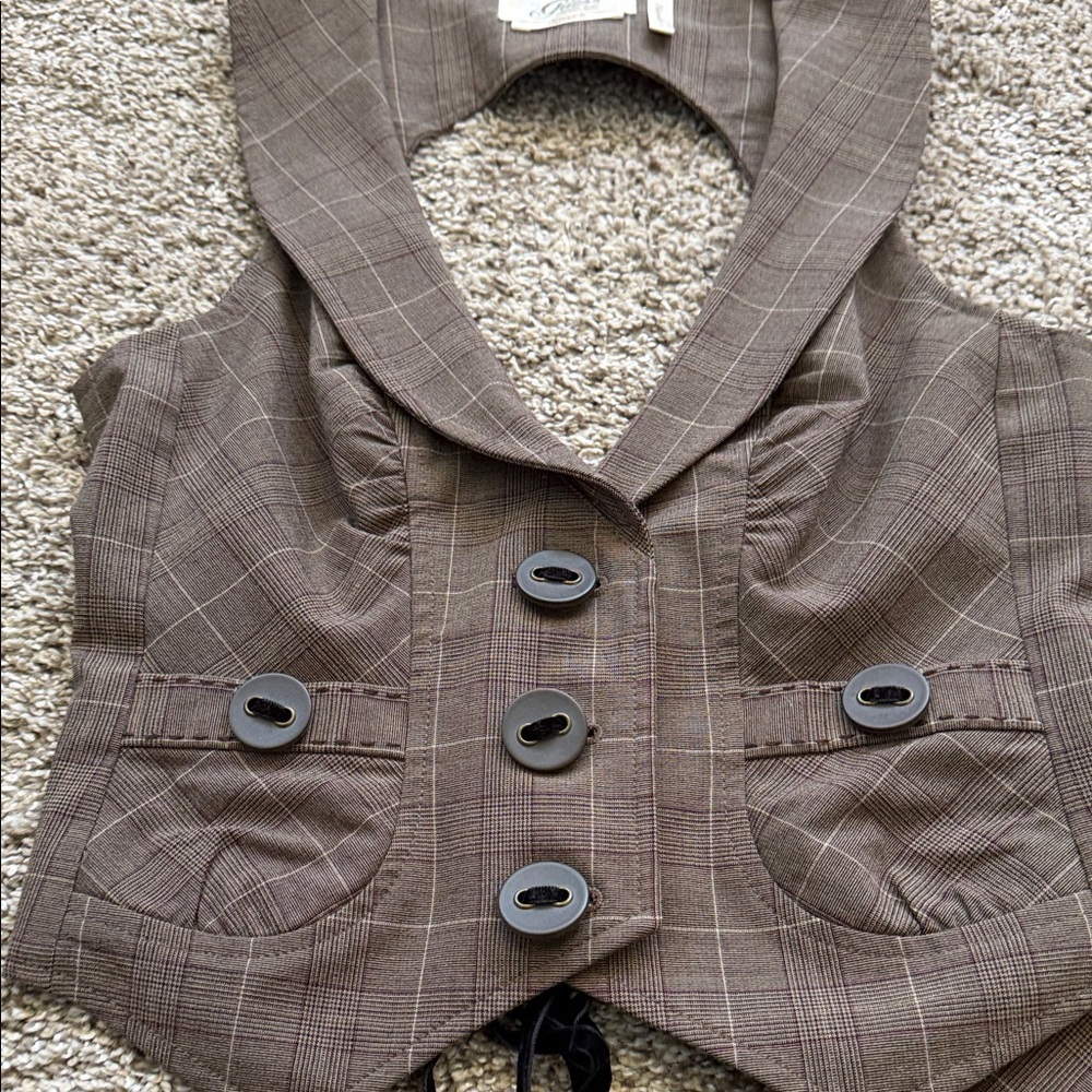 GUESS Brown Plaid Boot-Cut Pants with Matching Corset back Vest - Picture 5 of 10